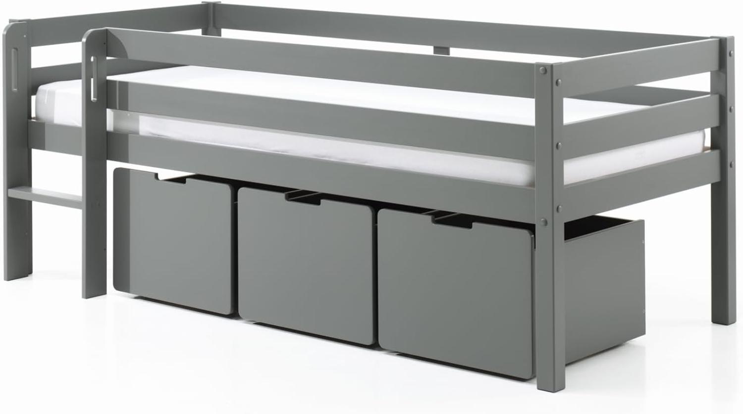 Kojen-Spielbett mit Liegefläche 90 x 200 cm, inkl. Leiter, Rolllattenrost und 3 Schubkästen, Kiefer und MDF grau lackiert Bild 1
