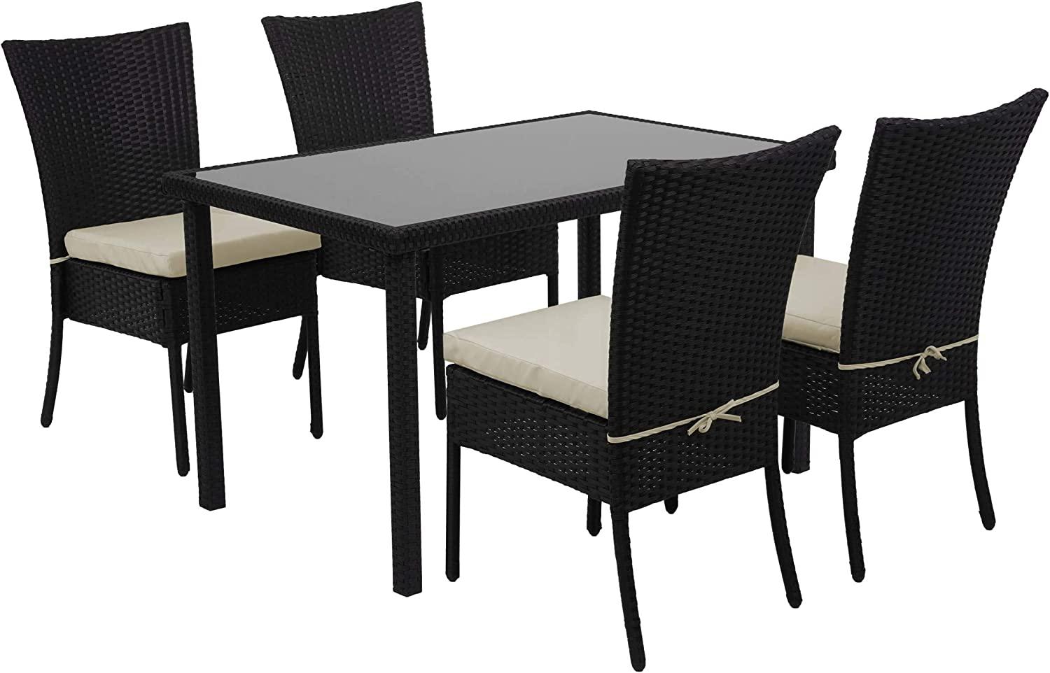 Poly-Rattan Garnitur HWC-G19, Sitzgruppe Balkon-/Lounge-Set, 4xStuhl+Tisch 120x75cm ~ schwarz, Kissen creme Bild 1
