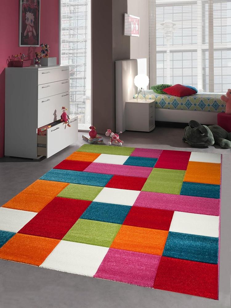 CARPETIA Kinderteppich Spielteppich Kinderzimmer Teppich Karo bunt türkis orange weiss rot pink Größe 120x170 cm Bild 1