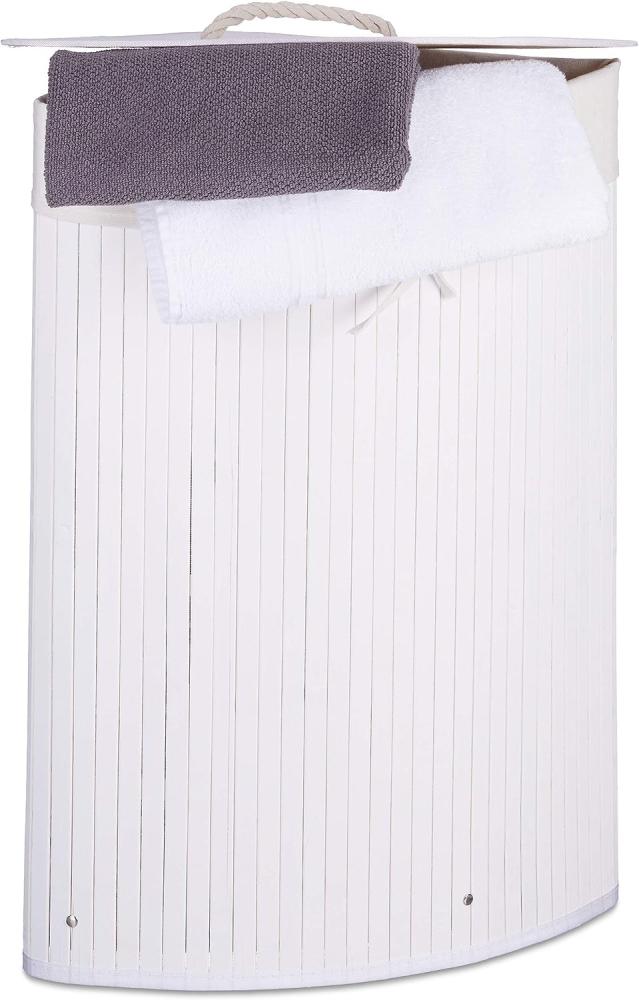 Relaxdays Eckwäschekorb Bambus HxBxT: ca. 65 x 49,5 x 37 cm faltbare Wäschetruhe eckig mit einem Volumen von 64 L mit Wäschesack aus Baumwolle zum Herausnehmen für Ecken und Nischen im Bad, weiß Bild 1