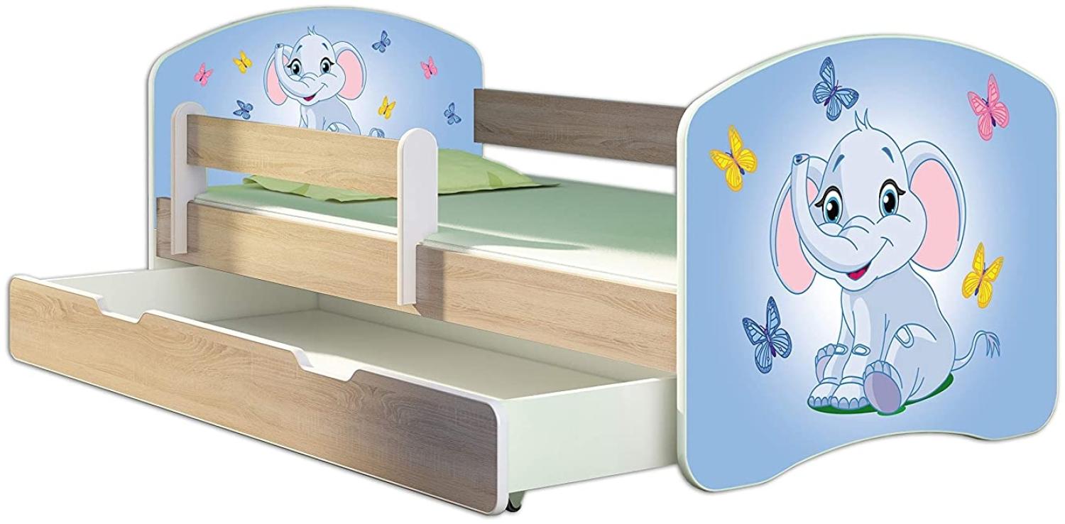 Kinderbett Jugendbett mit einer Schublade und Matratze Sonoma mit Rausfallschutz Lattenrost ACMA II 140x70 160x80 180x80 (26 Elefant, 140x70 + Bettkasten) Bild 1