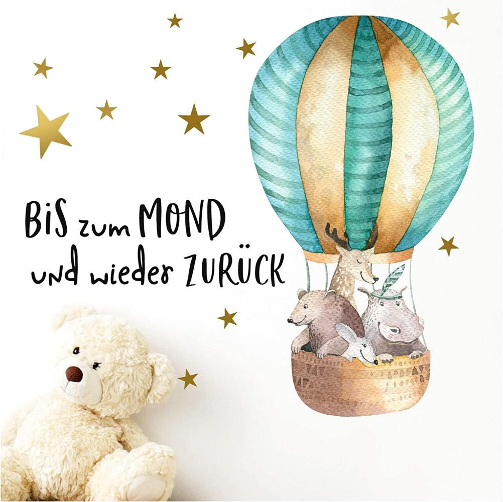Little Deco Aufkleber Waldtiere im Heißluftballon & Spruch Bis zum Mond I 92 x 47 cm Bild 1