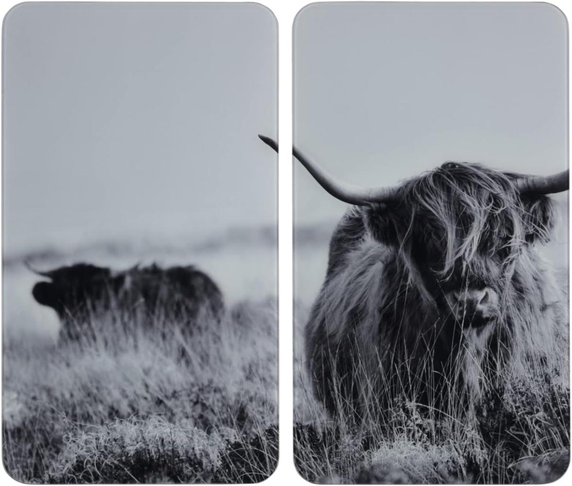 WENKO Herdabdeckplatte Universal Highland Cattle, 2er Set, Herdabdeckung für alle Herdarten, Gehärtetes Glas, 30 x 52 cm, grau Bild 1