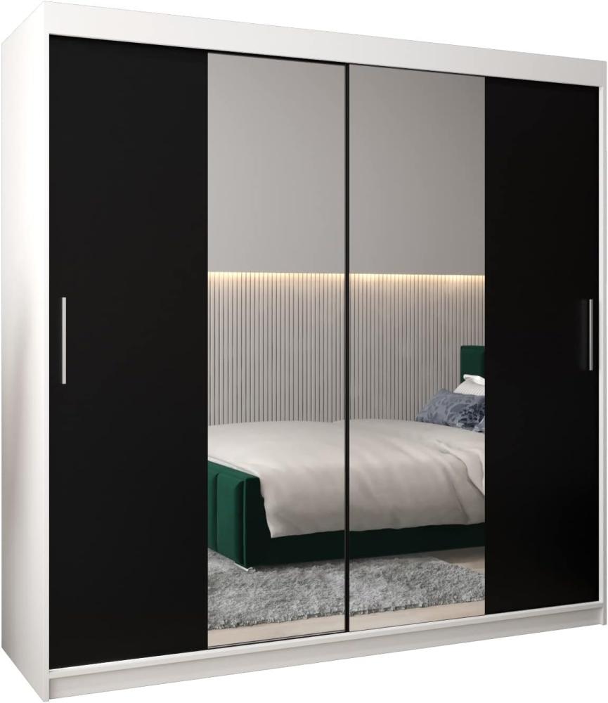 Kryspol Schwebetürenschrank Tokyo 1-200 cm mit Spiegel Kleiderschrank mit Kleiderstange und Einlegeboden Schlafzimmer- Wohnzimmerschrank Schiebetüren Modern Design (Weiß + Schwarz) Bild 1