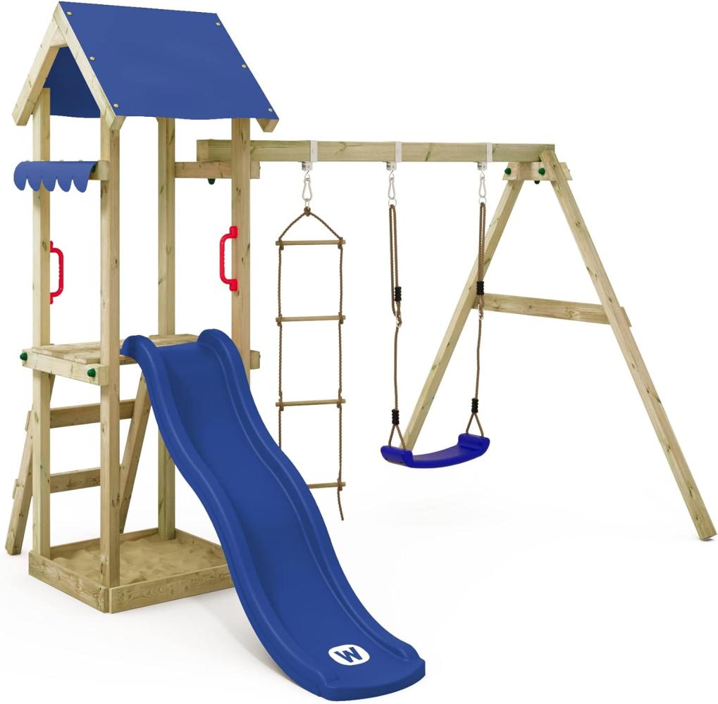 WICKEY Spielturm Klettergerüst TinyCabin mit Schaukel & blauer Rutsche, Kletterturm mit Sandkasten, Leiter & Spiel-Zubehör Bild 1
