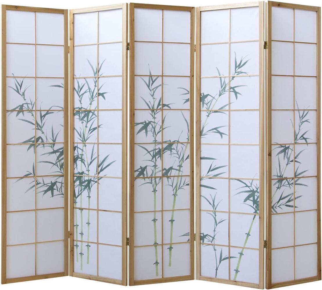 Homestyle4u Paravent 5-tlg., Bambusmuster grün, Holz klar / Reispapier weiß, 220 x 175 cm Bild 1