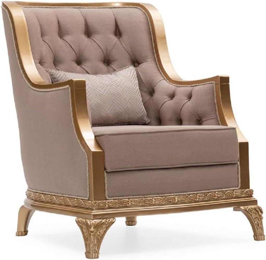 Casa Padrino Luxus Barock Wohnzimmer Sessel Braun / Gold - Handgefertigter Barockstil Sessel mit dekorativem Kissen - Luxus Wohnzimmer Möbel im Barockstil - Barock Möbel Bild 1
