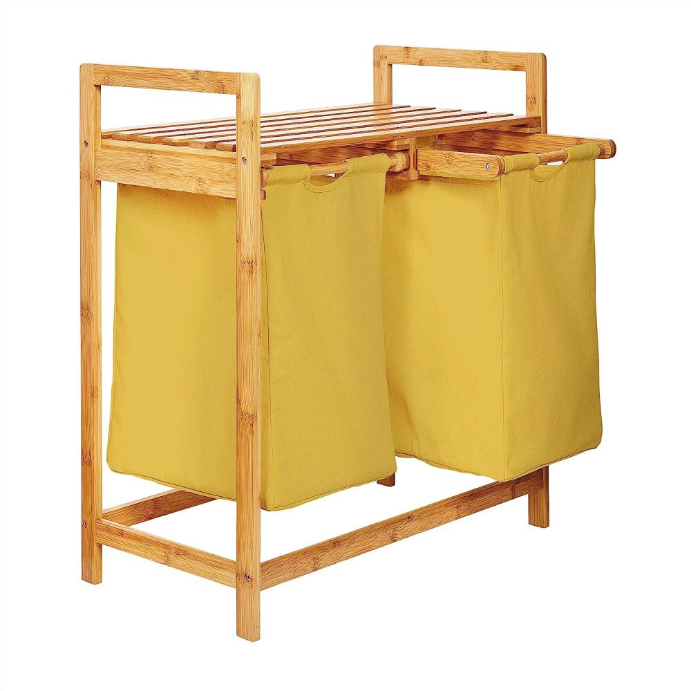 Lumaland Wäschekorb aus Bambus mit 2 ausziehbaren Wäschesäcken - Größe ca. 73 cm Höhe x 64 cm Breite x 33 cm Tiefe - Farbe Gelb Bild 1