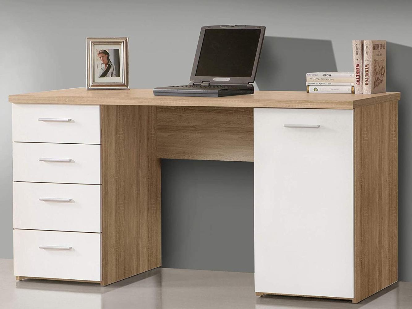 Schreibtisch >Balu< in Sonoma-Eiche Uni Weiß - 145x76,3x60cm (BxHxT) Bild 1