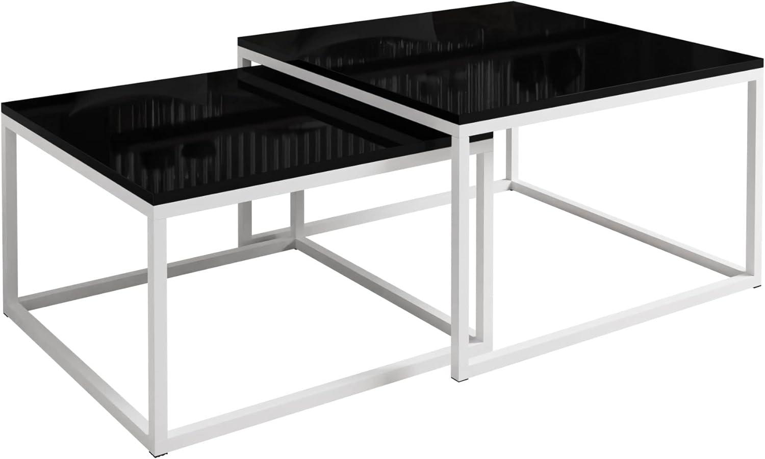 Yoshi 2 in 1 Set 2-er Set Schwarz Hochglanz HG Couchtisch Tisch Wohnzimmertisch moderner Kaffeetisch Sofatisch Beistelltisch Wohnzimmer Metall Metallrahmen (weiß/schwarz Hochglanz) Bild 1
