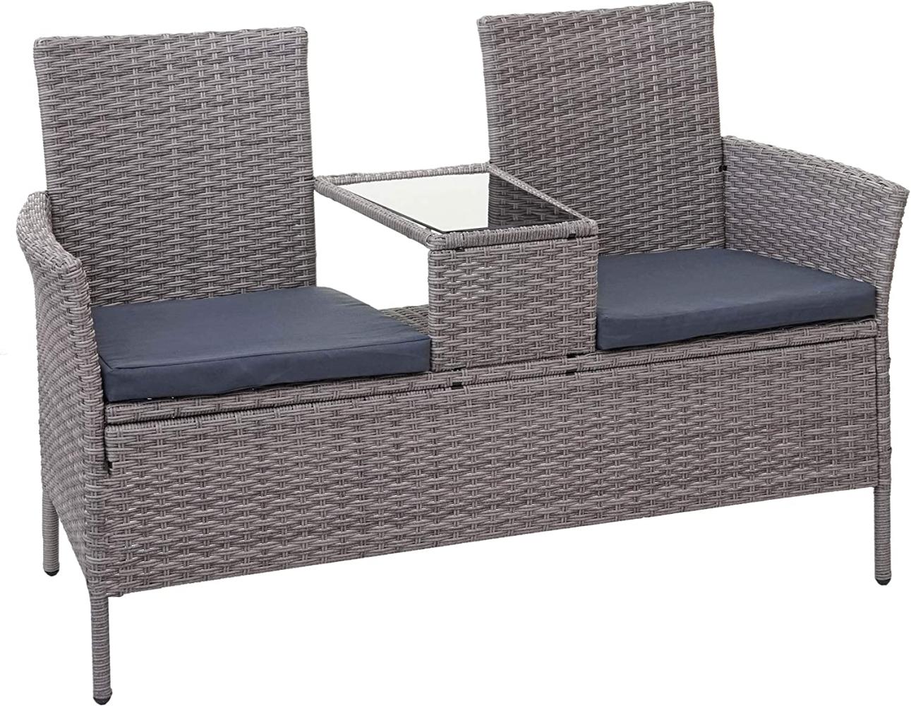 Poly-Rattan Sitzbank mit Tisch HWC-E24, Gartenbank Sitzgruppe Gartensofa, 132cm ~ grau, Kissen dunkelgrau Bild 1