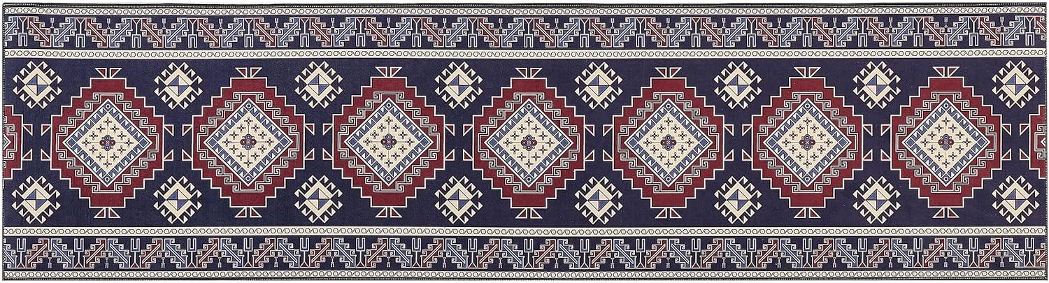 Teppich dunkelblau dunkelrot 80 x 300 cm orientalisches Muster Kurzflor KANGAL Bild 1