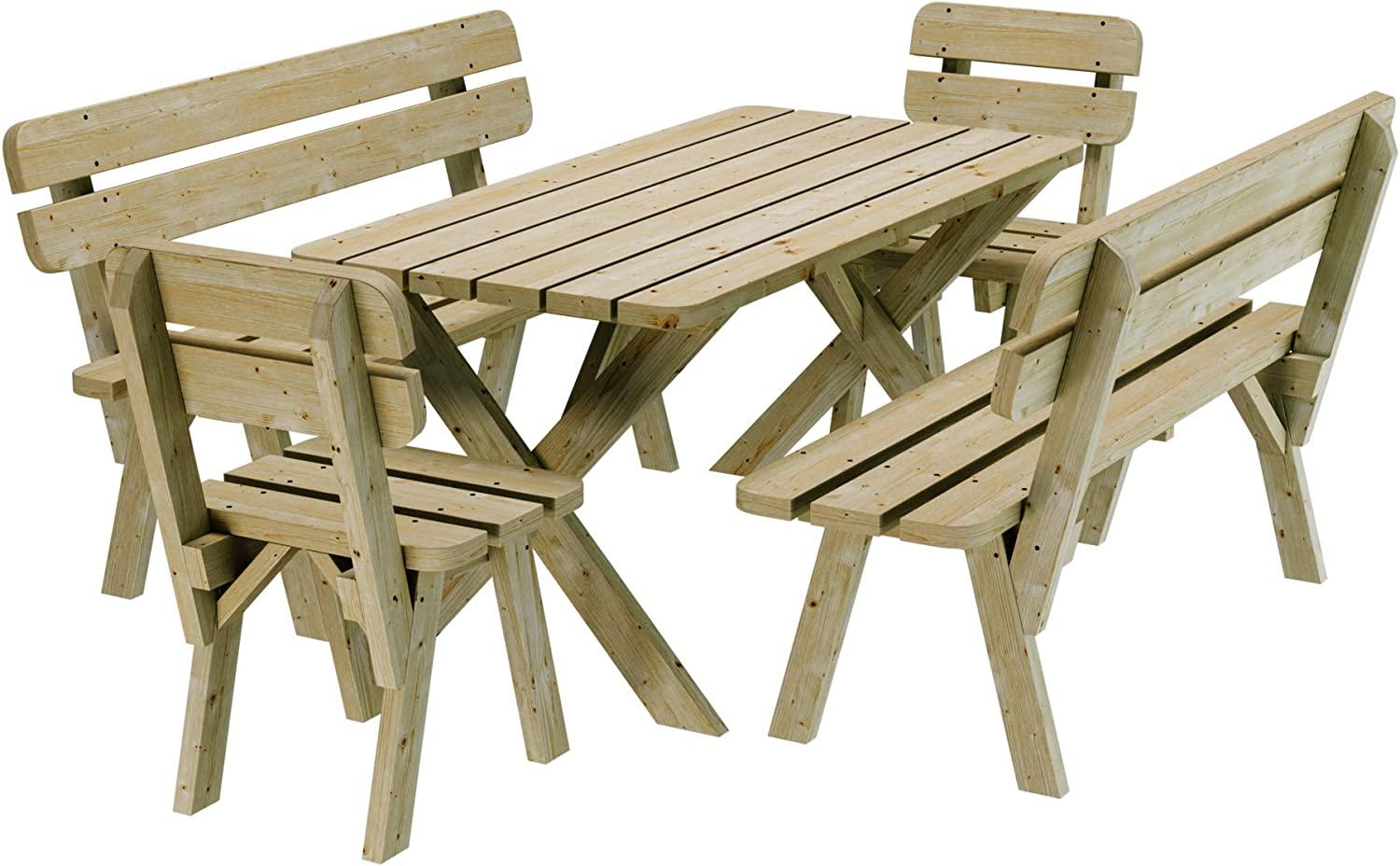 PLATAN ROOM Gartengarnitur Holz Kiefer Sitzgruppe 150 cm breit Gartenbank Gartentisch massiv Imprägniert (Set 2 (Tisch + 2 Bänke + 2 Stühle)) Bild 1
