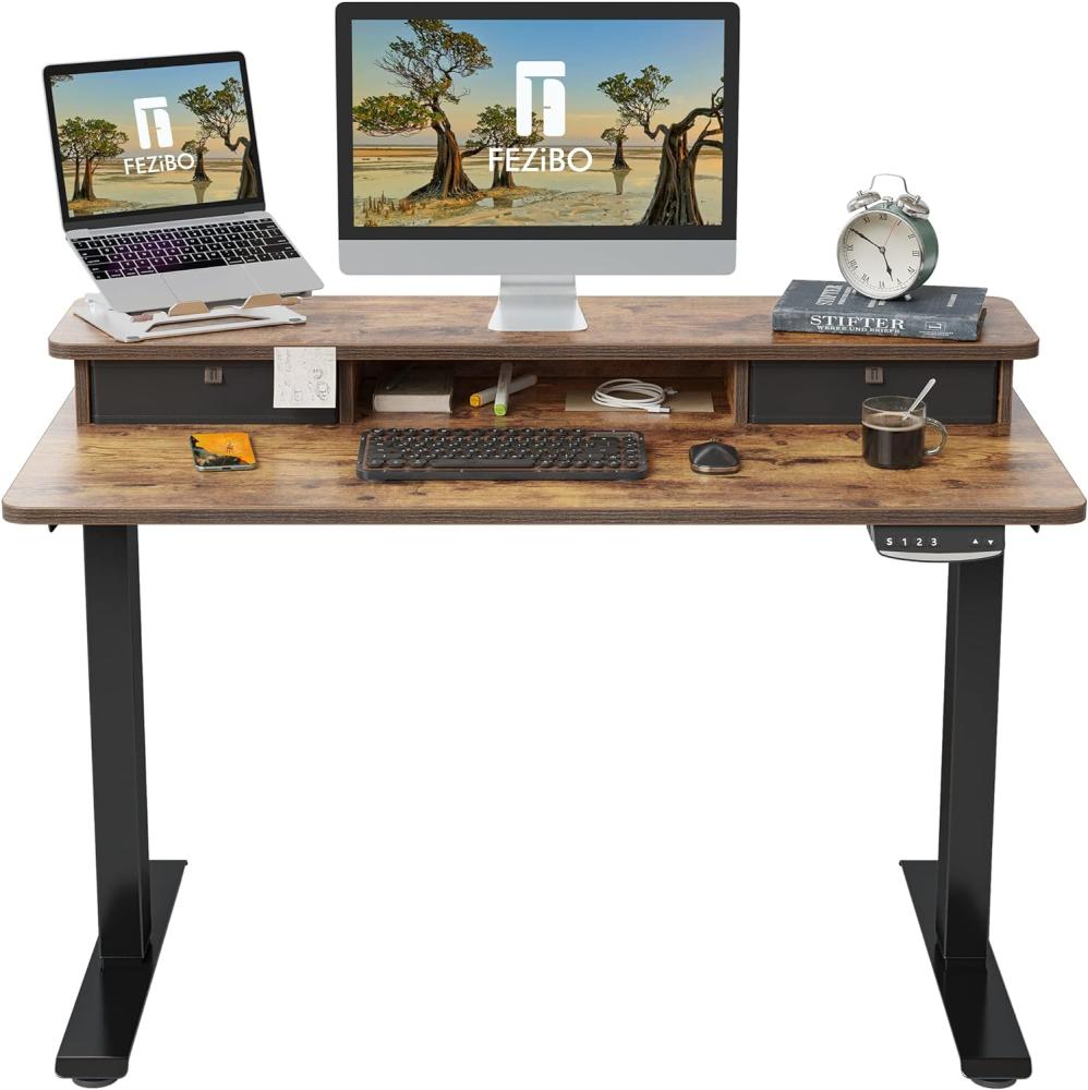 FEZIBO Schreibtisch Höhenverstellbar Elektrisch mit oberen Schubladen, 120 x 60 cm Stehschreibtisch mit Memory-Steuerung, Schwarz Rahmen/Braunes Oberfläche Bild 1