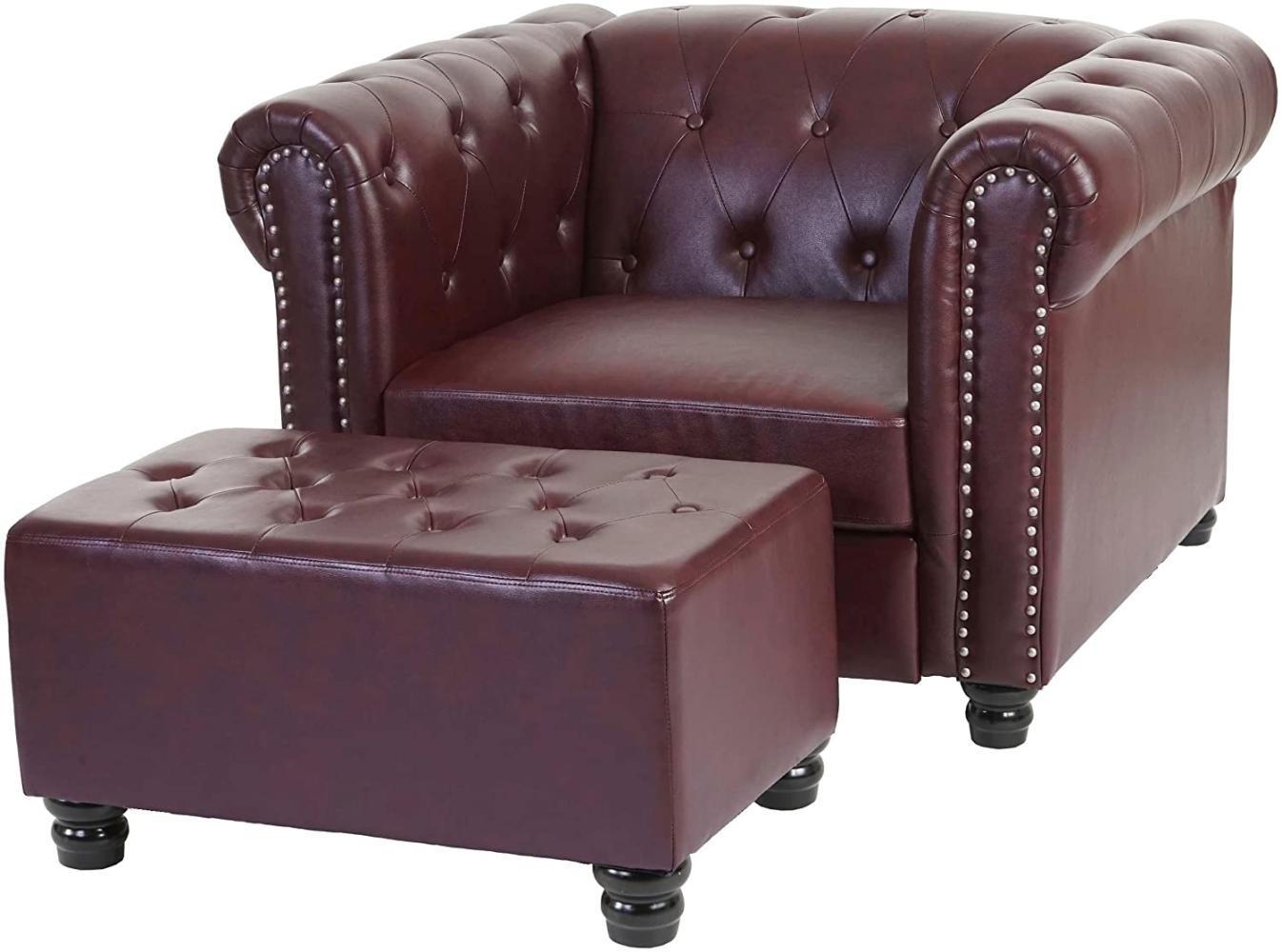 Luxus Sessel Loungesessel Relaxsessel Chesterfield Kunstleder ~ runde Füße, rot-braun mit Ottomane Bild 1