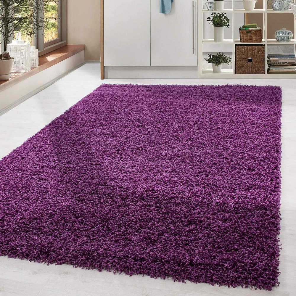 HomebyHome Shaggy Hochflor Teppich Wohnzimmer 140x200 cm Lila - Teppich Flauschig, Modern, Plüsch und Extra Weich - Ideal für Schlafzimmer, Esszimmer und als Küchenteppich Bild 1