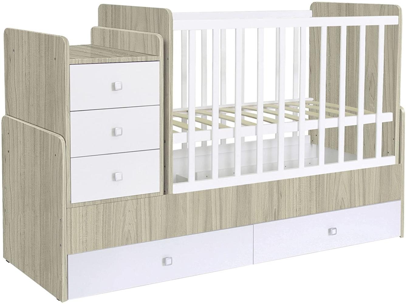 Polini Kids 'Simple 1100' Kombi-Kinderbett 60 x 120/170 cm, ulme/weiß, höhenverstellbar, mit Schaukelfunktion, inkl. Kommode Bild 1