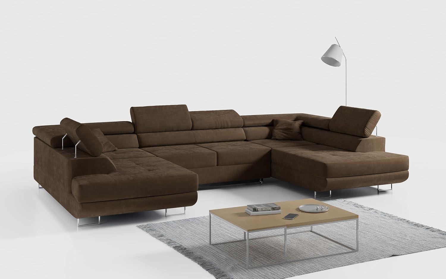 Ecksofa, Wohnzimmer U Couch, Polstersofa mit Bettkasten - GUSTAW-U - Braun Velours Bild 1