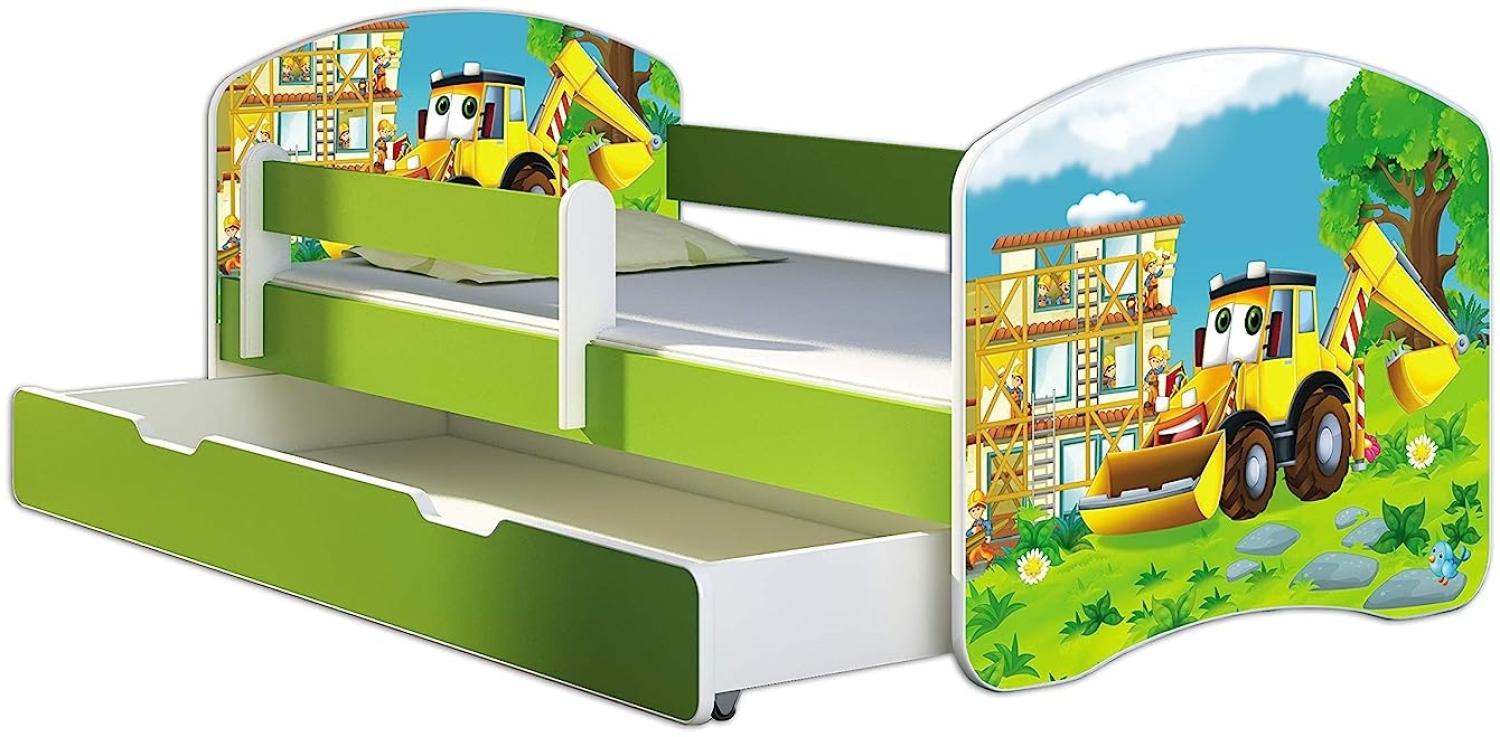ACMA Kinderbett Jugendbett mit Einer Schublade und Matratze Grün mit Rausfallschutz Lattenrost II 140x70 160x80 180x80 (20 Bagger, 140x70 + Bettkasten) Bild 1