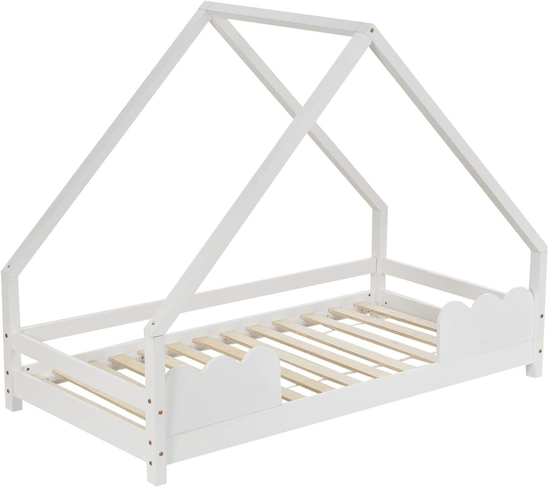 Merax Hausbett 80x160cm mit Rausfallschutz Spielbett Massivholz in Weiß Bild 1