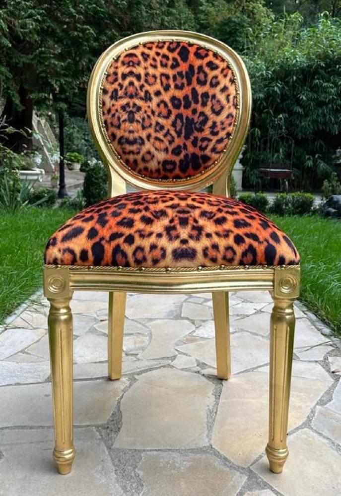 Casa Padrino Luxus Barock Esszimmer Stuhl Leopard / Gold - Handgefertigter Barockstil Stuhl mit edlem Kunstfell - Esszimmer Möbel im Barockstil - Barock Möbel - Barock Einrichtung Bild 1