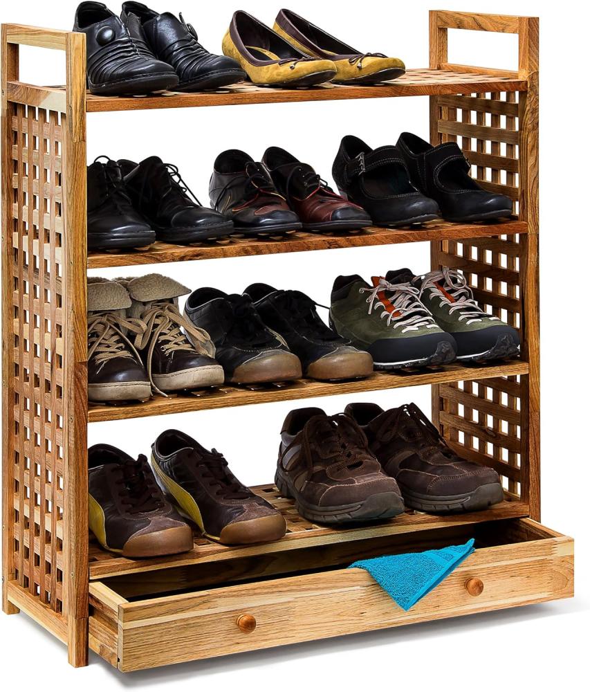 Relaxdays Schuhregal Walnuss H x B x T: 81 x 70 x 27 cm Schuhablage mit Schublade 4 Böden für je 3 Paar Schuhe Holz Schuhschrank mit Griffen zum Tragen und Schubfach zum Ausziehen, geölt, natur Bild 1