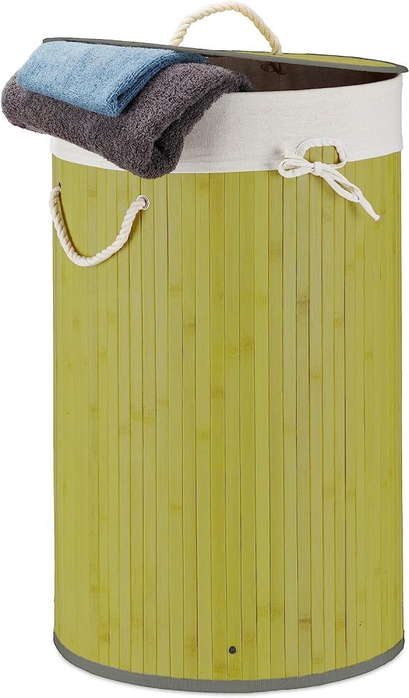 Relaxdays grün Wäschekorb Bambus, Faltbare Wäschetonne mit Deckel, Volumen 70 Liter, Wäschesack Baumwolle, rund Ø 41 cm Bild 1