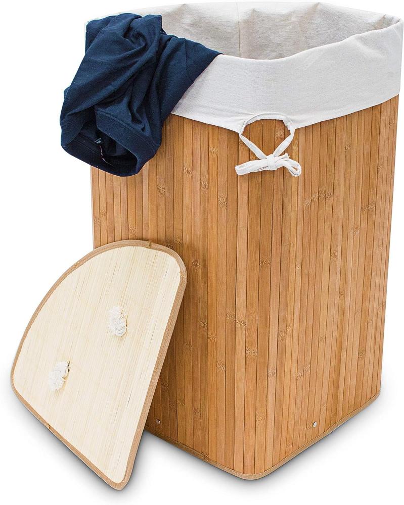 Relaxdays Eckwäschekorb Bambus HxBxT: ca. 65 x 49,5 x 37 cm faltbare Wäschetruhe eckig mit einem Volumen von 64 L mit Wäschesack aus Baumwolle zum Herausnehmen für Ecken und Nischen im Bad, natur Bild 1