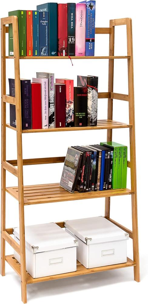 Relaxdays Bücherregal aus Bambus mit 4 Ablagen HxBxT: ca. 120 x 57 x 31 cm Regal für Bücher in Leiterform Standregal mit Durschubsicherung als Bücherschrank und Büroregal Aktenregal aus Holz, natur Bild 1