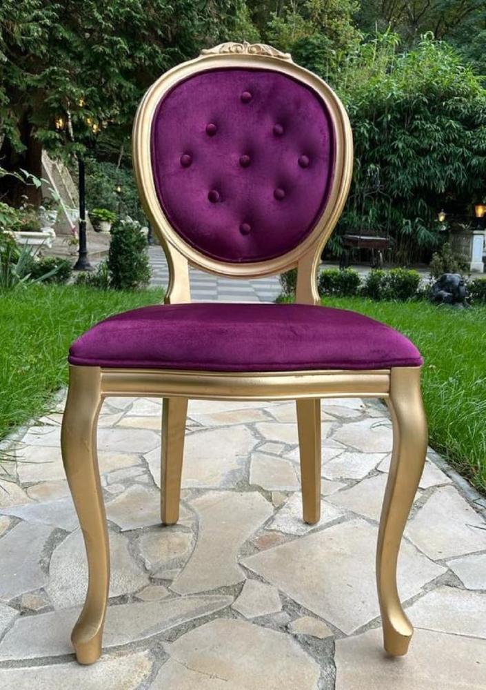Casa Padrino Luxus Barock Esszimmer Stuhl Lila / Gold - Handgefertigter Antik Stil Stuhl mit edlem Samtstoff - Esszimmer Möbel im Barockstil - Barock Möbel - Barock Einrichtung Bild 1