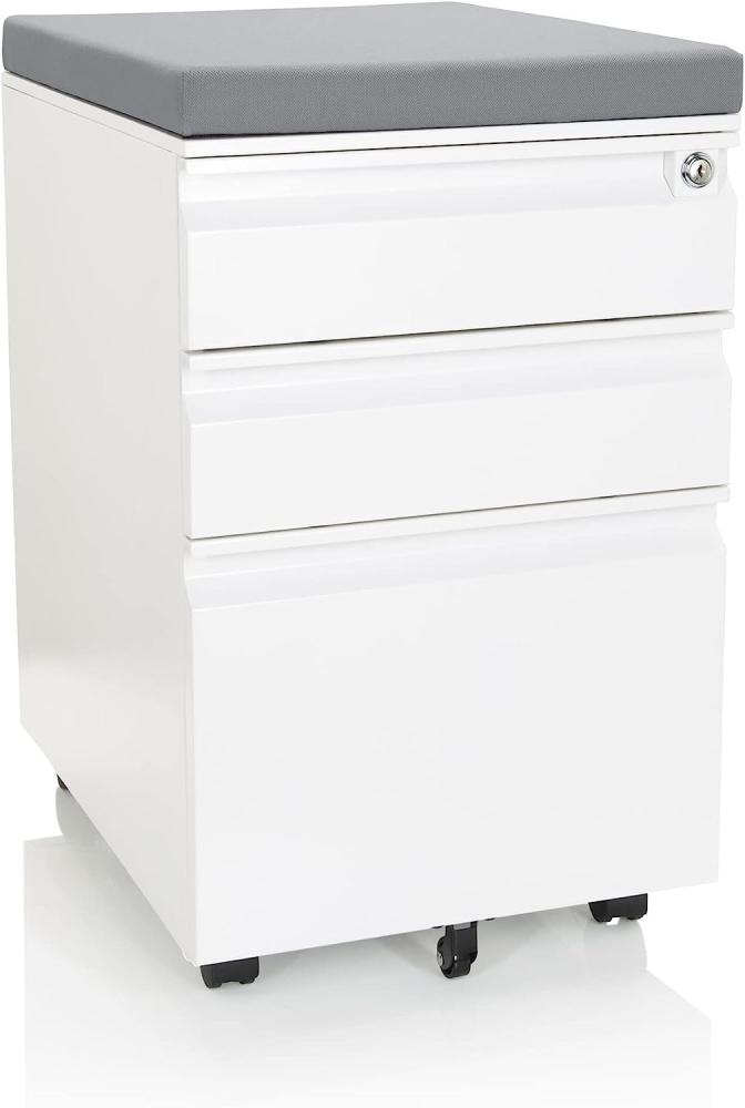 hjh OFFICE 743020 Rollcontainer mit Sitzkissen Color OS Stahl Weiß/Grau Rollschrank mit A4 Hängeregister, abschließbar Bild 1
