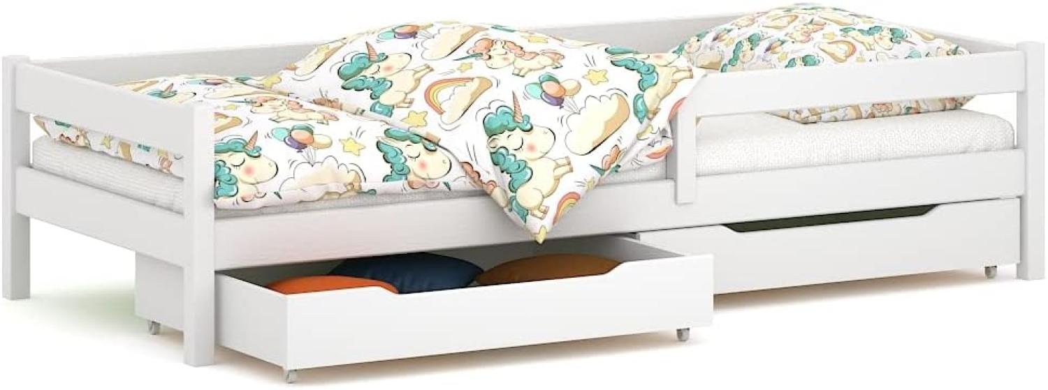 WNM Group Kinderbett für Mädchen und Jungen Felix - Jugenbett aus Massivholz - Bett mit 2 Schubladen und Lattenrost - Funktionsbett - Weiß - 90 x 200 cm Bild 1