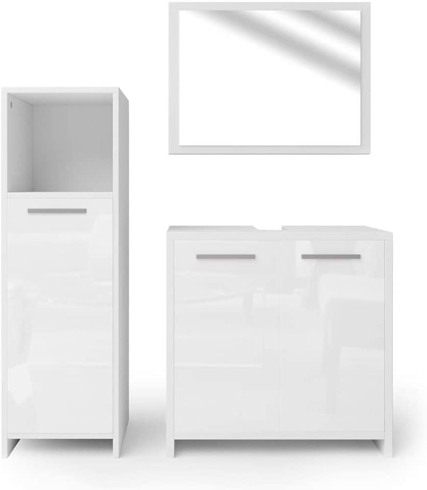 Vicco 3-tlg. Badmöbel-Set 'Kiko' Weiß / Weiß Hochglanz, Weiß Hochglanz, mit Spiegel, Unterschrank, Midischrank Bild 1