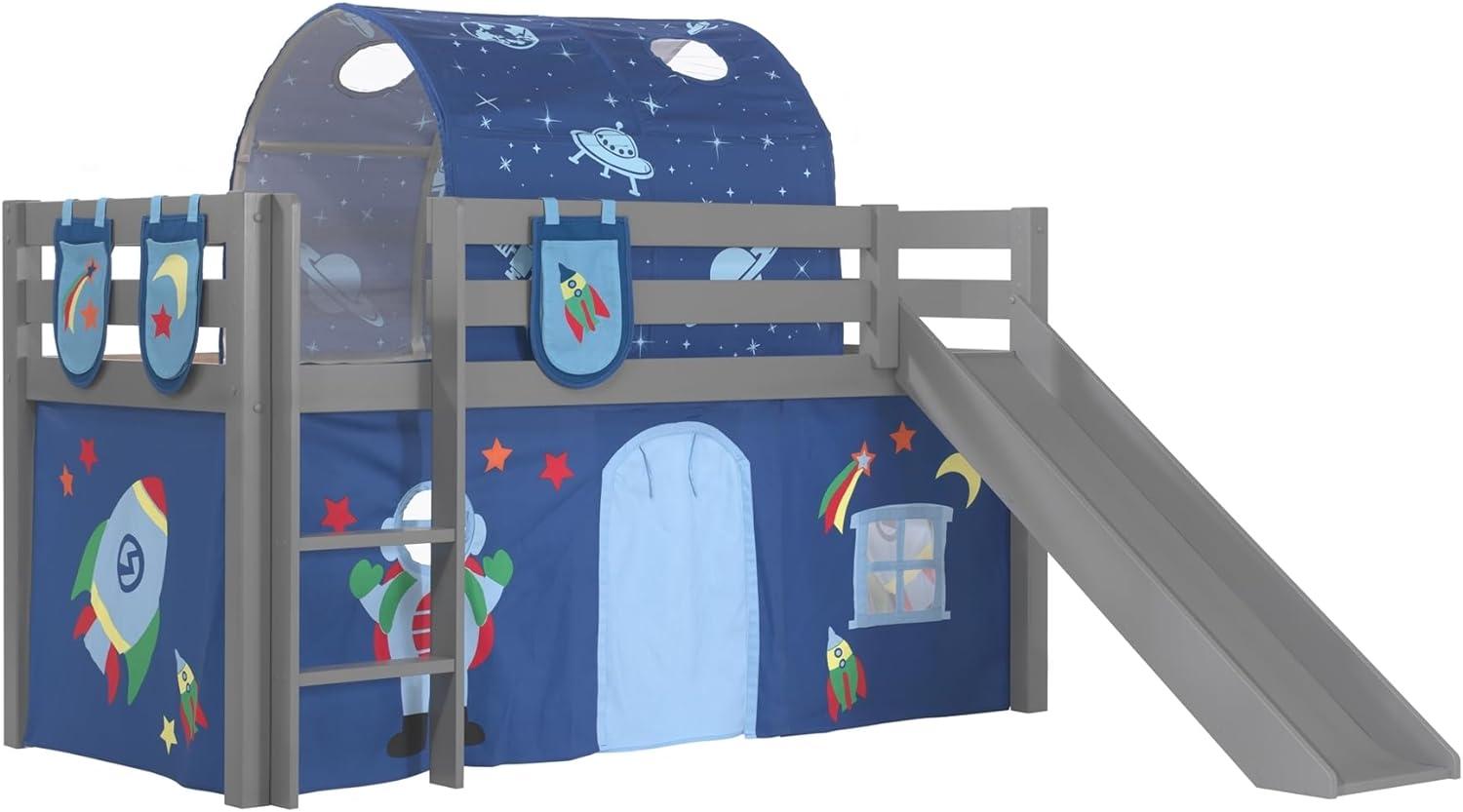 Vipack Spielbett 'Pino' inkl. Rutsche grau, mit Textilset Vorhang, Tunnel und 3 Taschen 'Astro' Bild 1