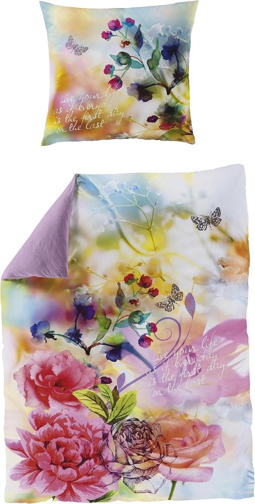 Traumschloss Mako-Satin Digitaldruck Bettwäsche - 5035_01 - bunte Blumen mit inspirierendem Spruch 155x220 / 80x80 Bild 1