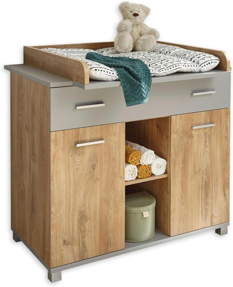 LARISSA Praktische Baby Wickelkommode inkl. Wickelaufsatz in Bolton Oak Optik / Arktisgrau - Vielseitiger Wickeltisch mit viel Stauraum - 107 x 104 x 79 cm (B/H/T) Bild 1