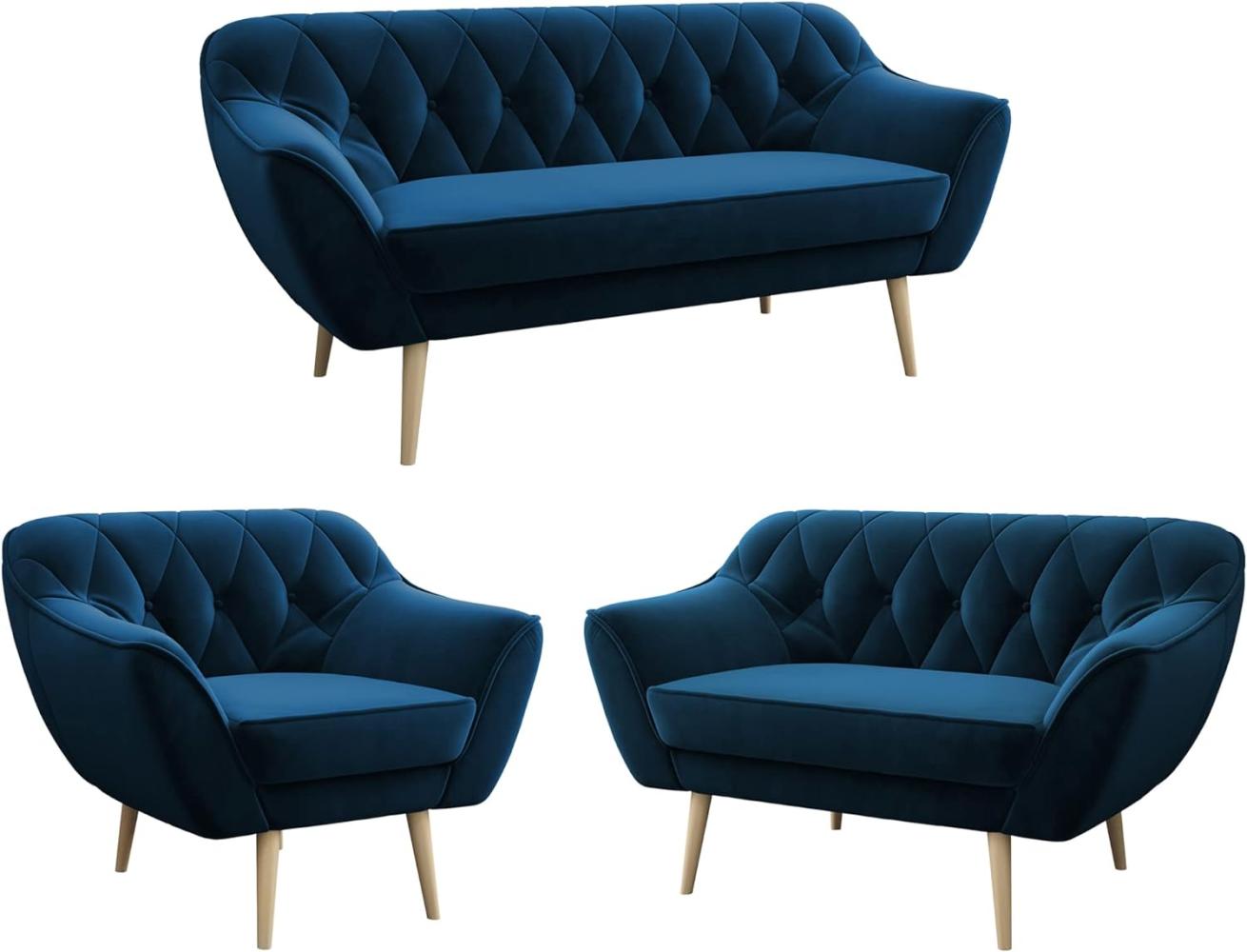 MKS MEBLE Sofa - Moderne Sofa Set 3+2+1 - Skandinavische Deko Polstersofa - Pirs Zwei Loungesofas und Sessel - Sechs Personen Marineblau Bild 1
