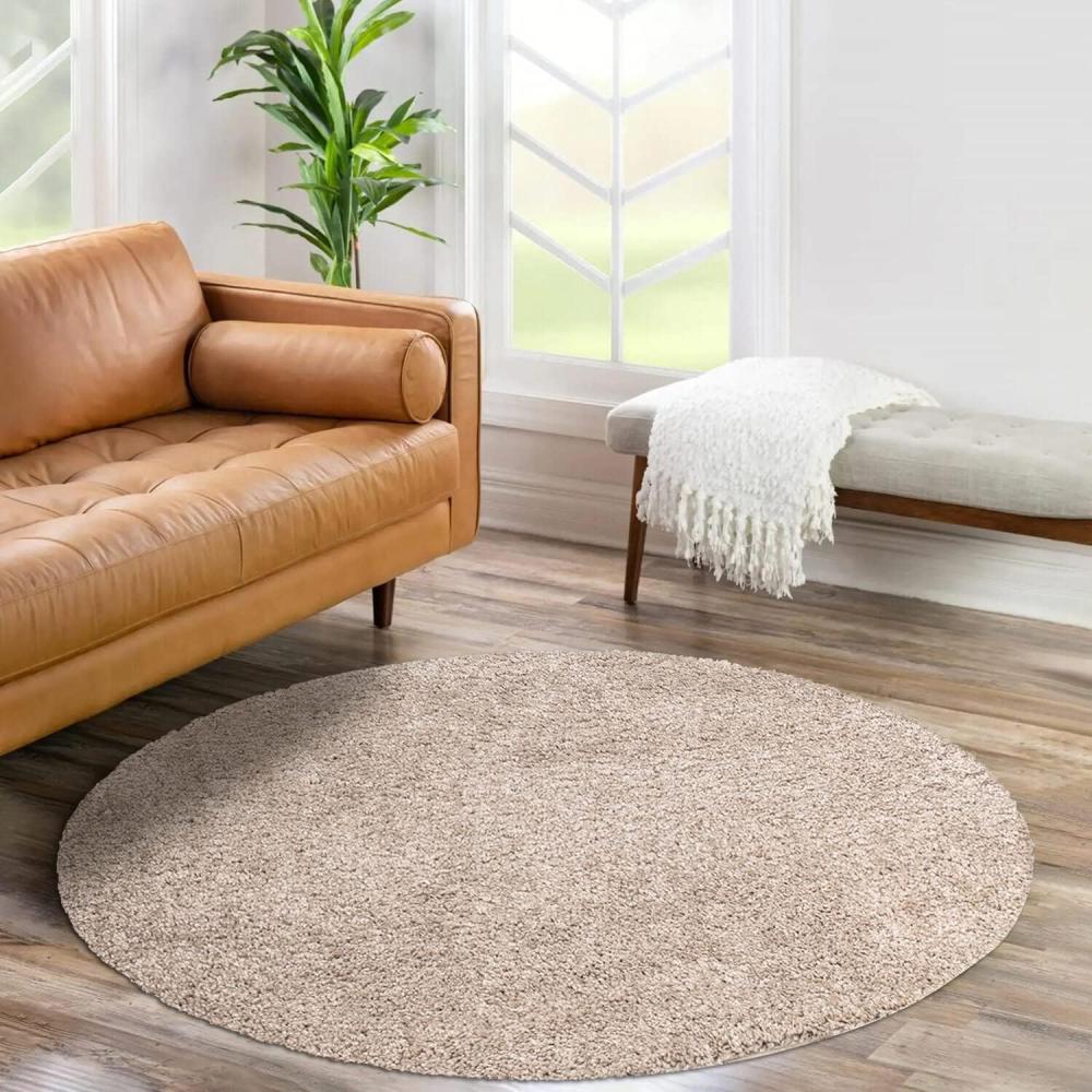 carpet city Shaggy Hochflor Teppich - Rund 200 cm - Sand-Beige - Langflor Wohnzimmerteppich - Einfarbig Uni Modern - Flauschig-Weiche Teppiche Schlafzimmer Deko Bild 1
