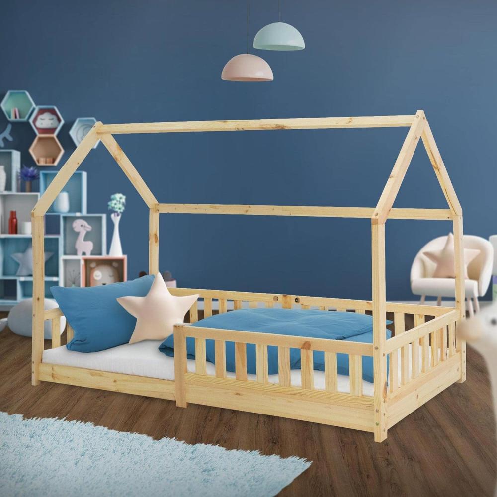 Kinderbett mit Rausfallschutz Lattenrost und Dach 200x90 cm Natur aus Kiefernholz ML-Design Bild 1