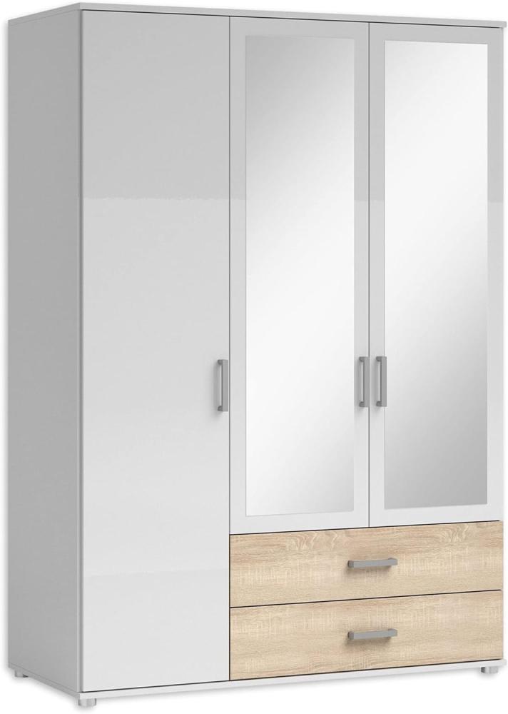 IVAR Kleiderschrank mit Spiegeln und Schubladen - Vielseitiger Drehtürenschrank 3-türig in Weiß, Eiche Sonoma Optik - 125 x 190 x 51 cm (B/H/T) Bild 1