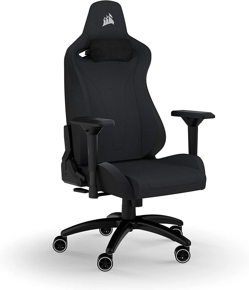 Corsair TC200 Gaming-Stuhl mit Stoffbezug, Standard Fit (Langanhaltenden Komfort, Bezug aus Weichem Stoff, Integrierte Lendenstütze aus Schaumstoff, 4D-Armlehnen) Schwarz/Schwarz Bild 1