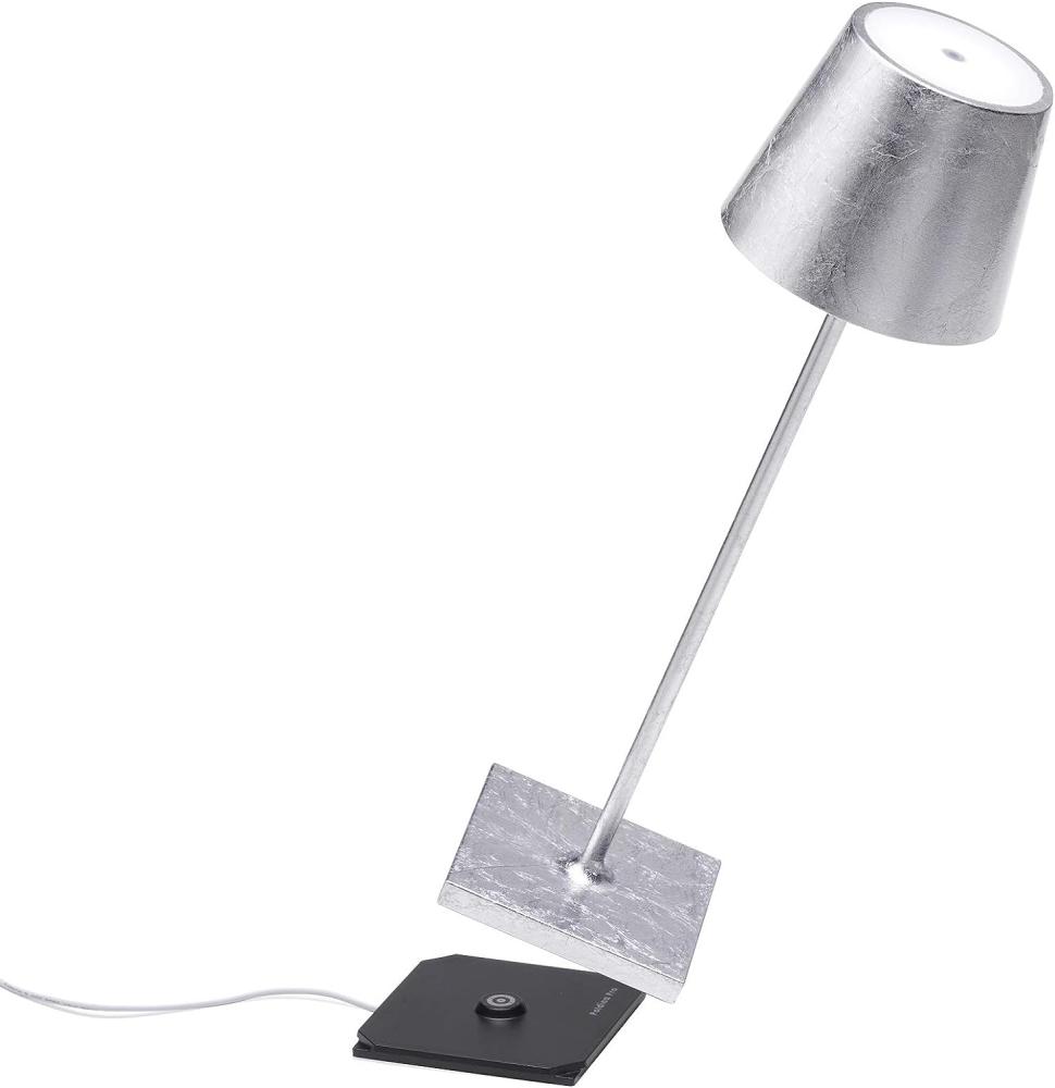 Zafferano Poldina Pro - Dimmbare LED-Tischlampe aus Aluminium, Schutzart IP54, Verwendung im Innen-/Außenbereich, Kontaktladestation, H38cm, EU-Stecker (Blattsilber) Bild 1