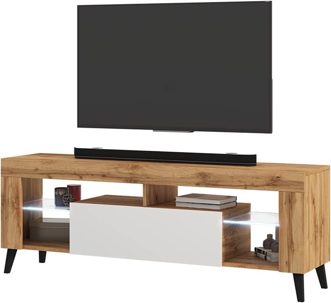 Selsey HugoB – TV-Lowboard, modernes TV-Sideboard mit Füßen und Glaseinlegeböden, 140 cm (Lancaster Eiche Matt / Weiß Glanz, mit LED) Bild 1