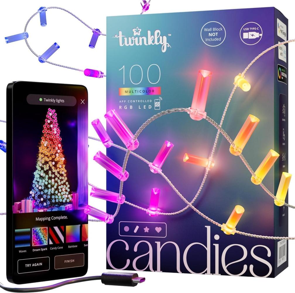 Twinkly Strings Candle 100 LED, LED-Lichterkette in Kerzenform, RGB LED-Lichter Mehrfarbig, Kompatibel mit Alexa & Google Home, Gaming-Lichter, Stromversorgung über USB-C, Transparentes Kabel, 6m Bild 1