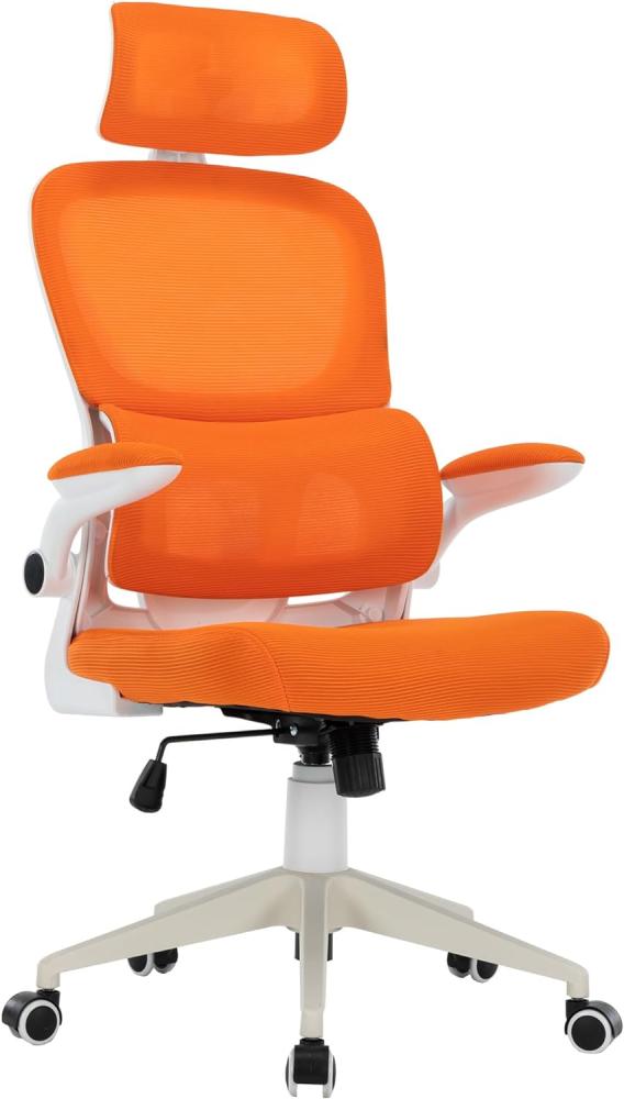 Flexibler Bürostuhl in moderner Mesh-Optik ergonomischer Schreibtischstuhl mit Nacken- und Lordosenstütze Gamingstuhl mit atmungsaktiver Netzrückenlehne und Wippfunktion Weiß/Orange Bild 1