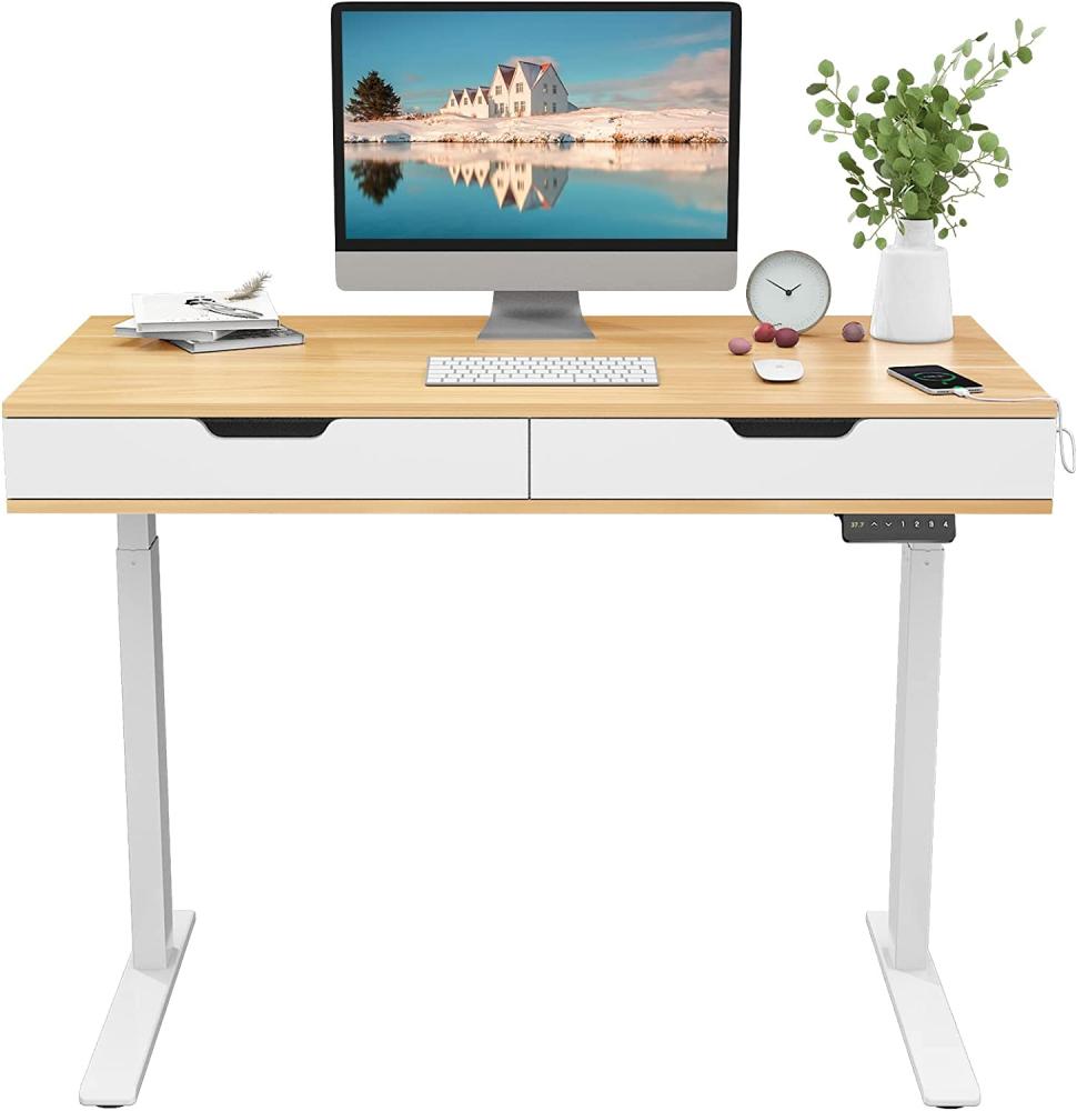 Flexispot Esben Elektrisch Höhenverstellbarer Schreibtisch Schminktisch mit Touch Funktion & USB, Elektrischer Schreibtisch (Maple+Weiß Gestell) Bild 1
