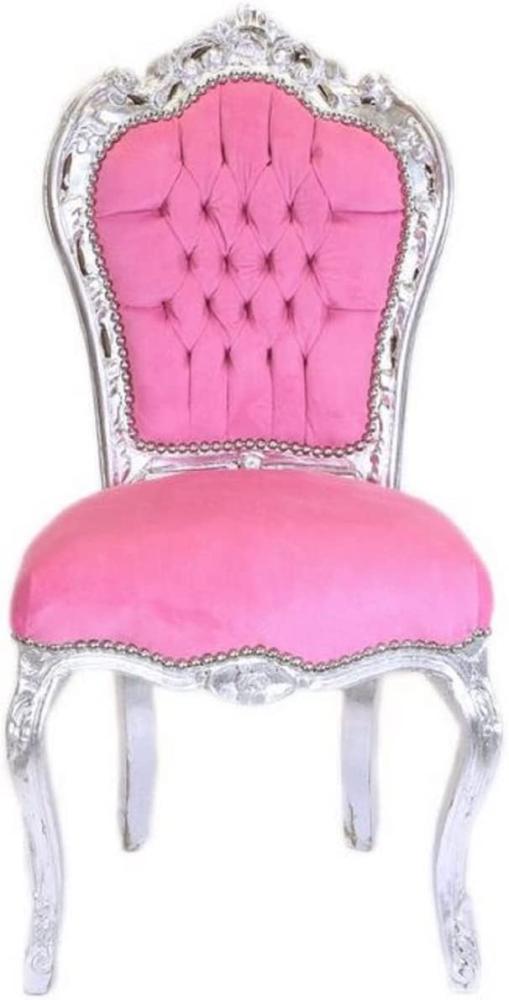 Casa Padrino Barock Esszimmer Stuhl Rosa / Silber - Handgefertigter Antik Stil Stuhl mit edlem Samtstoff - Esszimmer Möbel im Barockstil - Barock Möbel Bild 1
