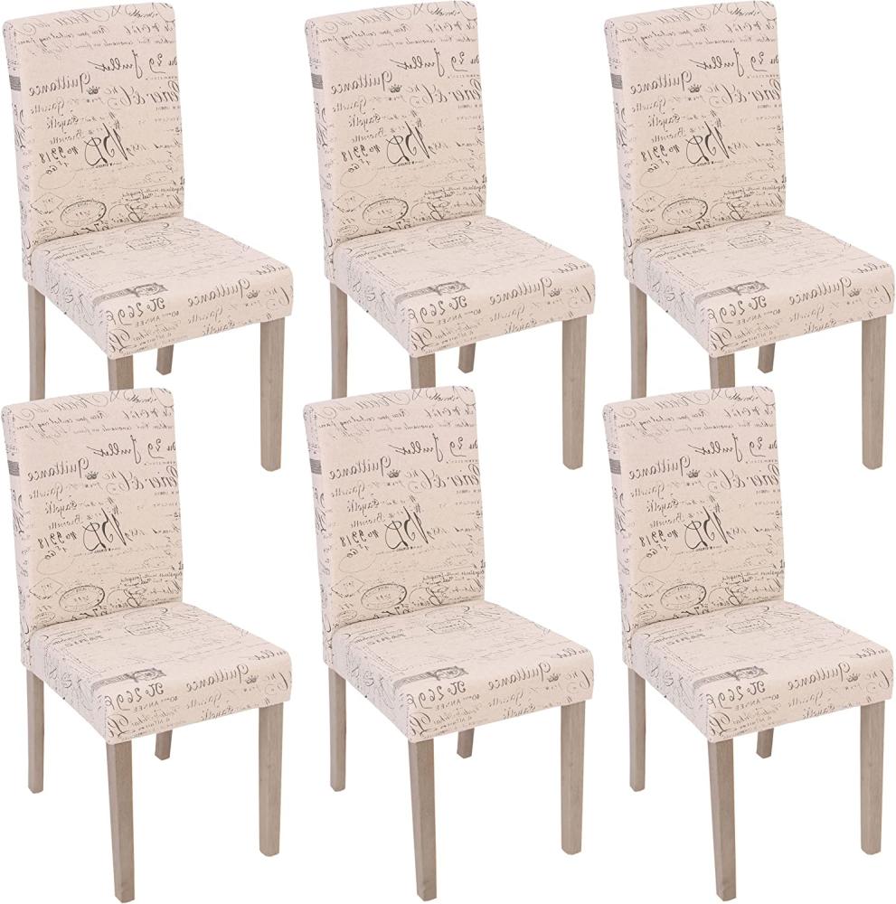 6er-Set Esszimmerstuhl Littau, Stuhl Küchenstuhl ~ Textil mit Schriftzug, creme, Beine Struktur - Eiche Bild 1