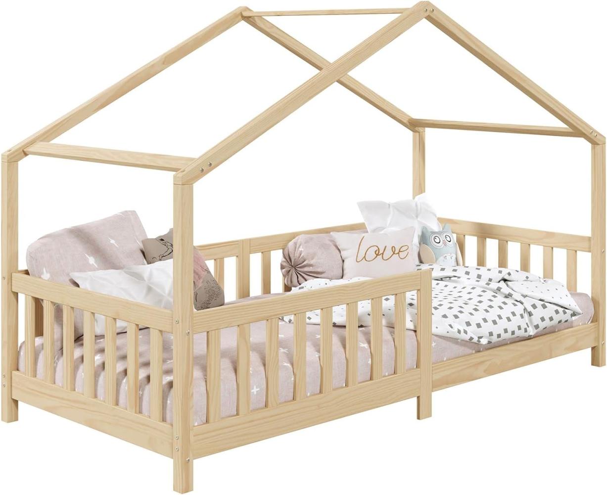 IDIMEX Hausbett LISAN aus massiver Kiefer in Natur, schönes Montessori Bett in 90 x 200 cm, stabiles Kinderbett mit Rausfallschutz und Dach Bild 1