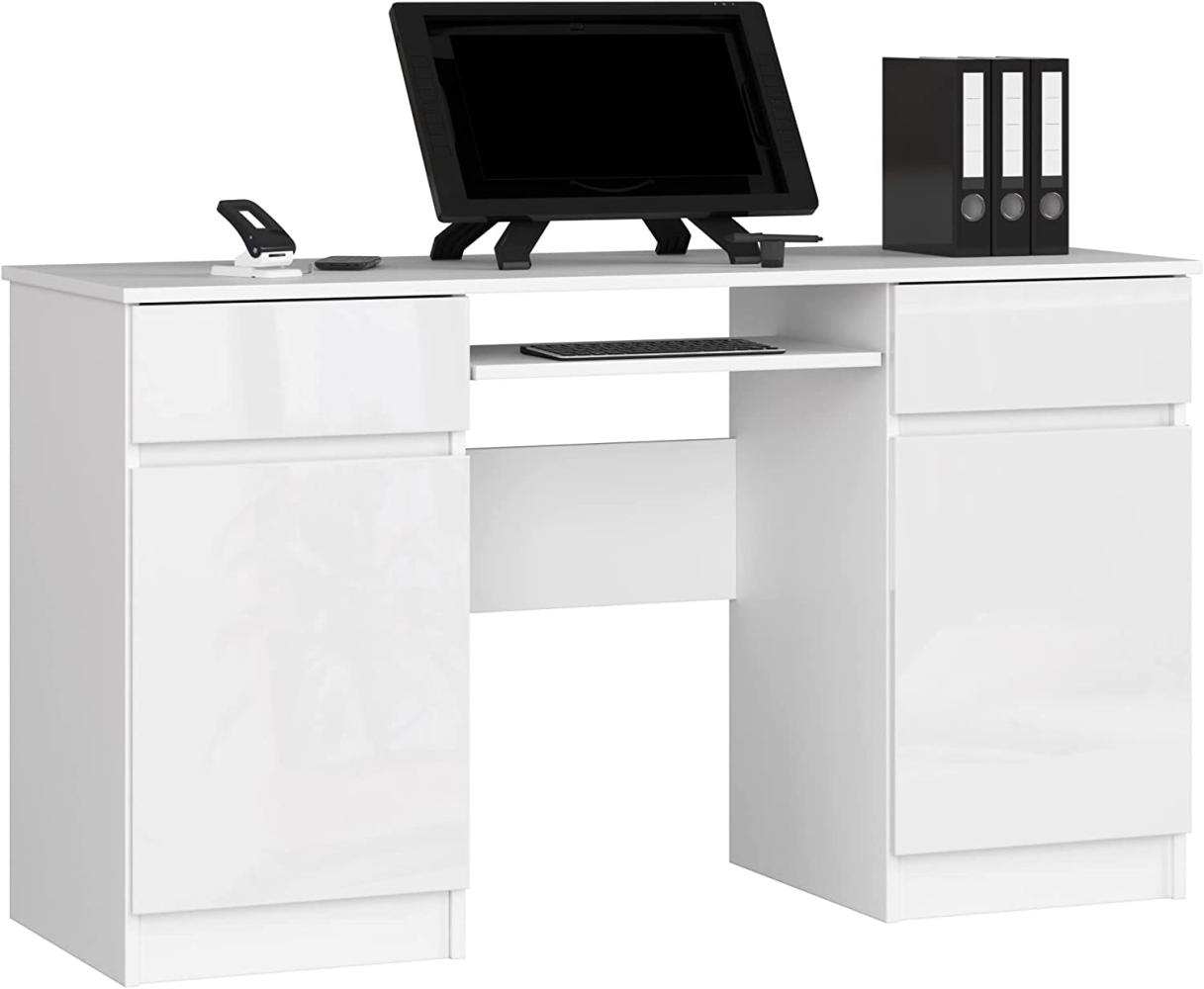 PC-Schreibtisch A5 mit Tastaturablage | Office Desk | Computertisch | Bürotisch mit Tastaturablage | 2 Schubladen und 2 Türablagen, B135 x H77 x T50 cm, 58 kg | Weiß/Weiß Glänzend Bild 1